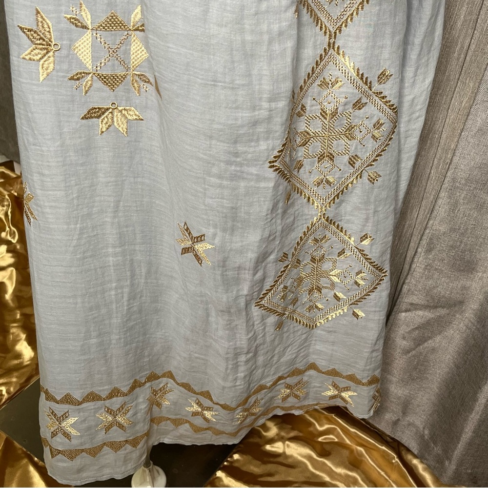 Greek Archaic Kori Oversized Light Grey Metallic Gold Embroidered Dress Medium - Picture 6 of 12